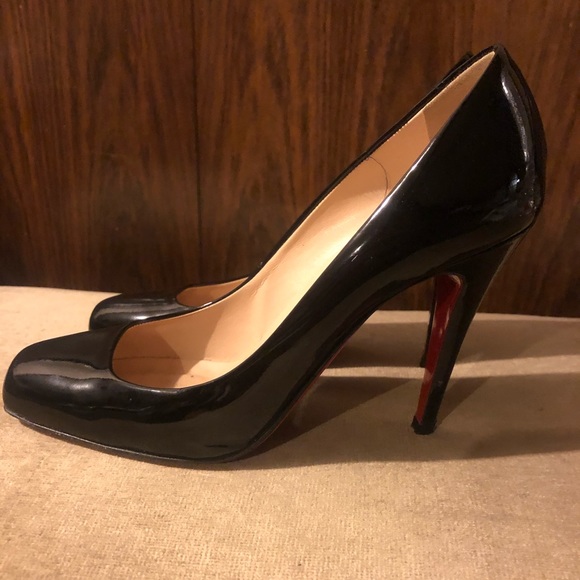 Christian Louboutin Black Patent Leather Particule Square Toe Pump Sz 37.5 - Picture 2 of 5
